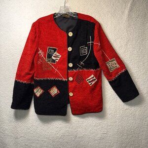 Allure Womens Embroidered Red Black Jacket Blazer Boho Women’s M Buttons Artsy